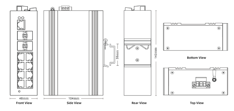 Dimension of Industrial Layer 2  Managed PoE Switch 8x10/100/1000M RJ45, 4x1000M SFP