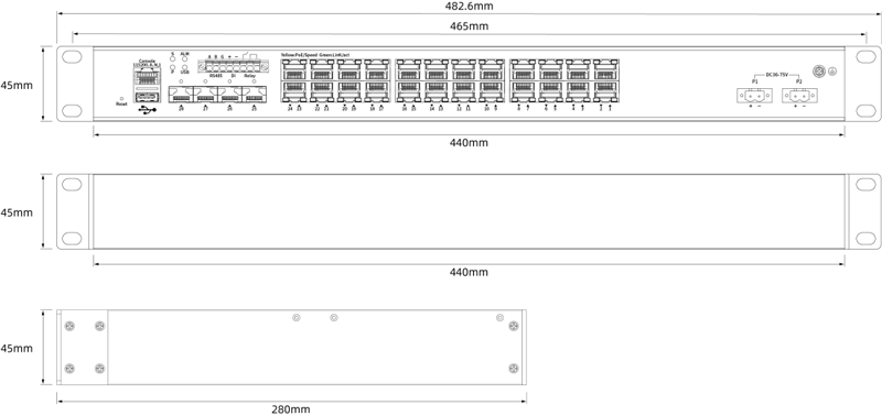 Dimension of 16xGE RJ45, 8xGE Combo, 4x10G SFP  Support DI/DO and RS485, Port 1-2 Support BT 90w