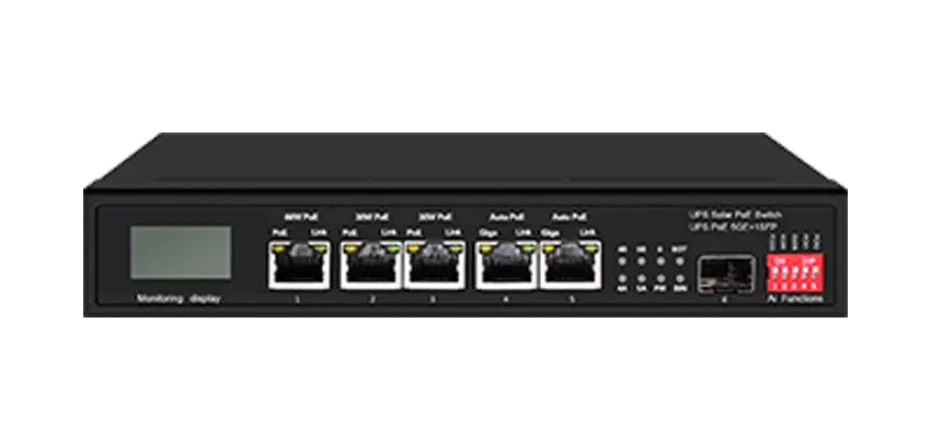 Interruptor Ethernet PoE Solar 15A UPS com OLED 1GE 60W PoE 2GE 30W PoE 2GE Auto PoE 1GE SFP