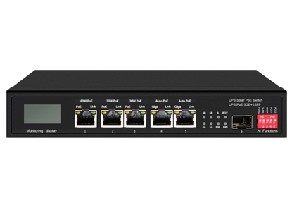 Interruptor Ethernet PoE Solar UPS com OLED 1GE 60W PoE 2GE 30W PoE 2GE Auto PoE 1GE SFP