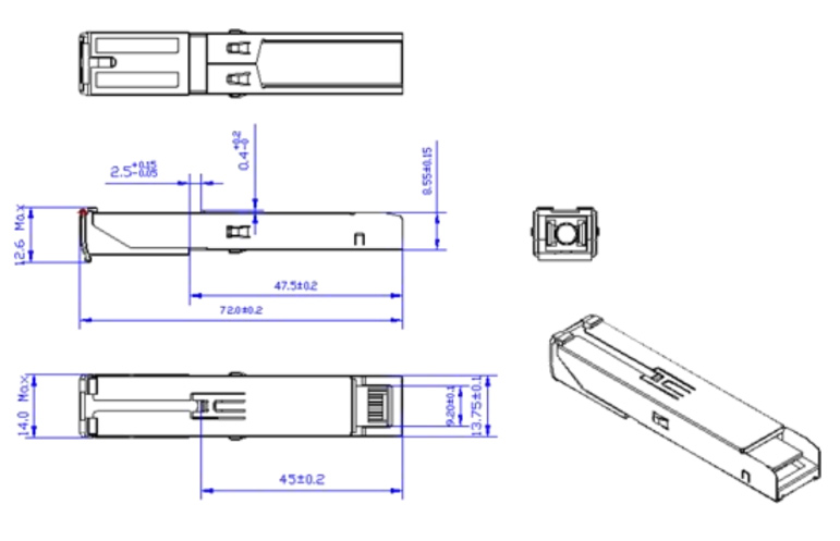 Diagram Mechanical Drawing of GPON ONU Stick with MAC SFP 1310nm-TX/1490nm-RX 1.244G-TX/2.488G-RX Class B+ 20km DOM Simplex SC/APC
