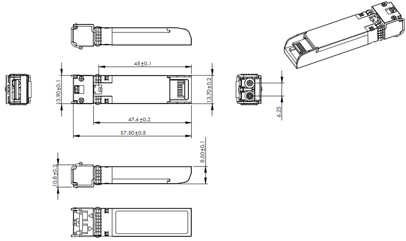 Outline Drawing (mm) of 10Gb/s SFP  CWDM 40km Transceiver