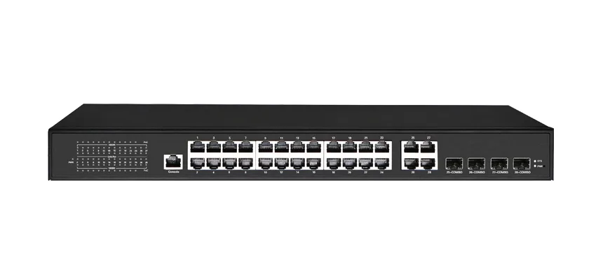 Camada de interruptor de acesso 3 Lite gerenciado 24x100/100/1000M RJ45 PoE (porta 1-2 PoE BT90w), 4x1000M Combo (RJ45/SFP)