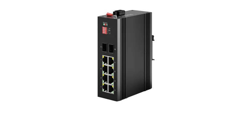 Interruptor PoE não gerenciado industrial Din-rail 8x100/100/1000M RJ45 PoE, uplink 2x1G SFP